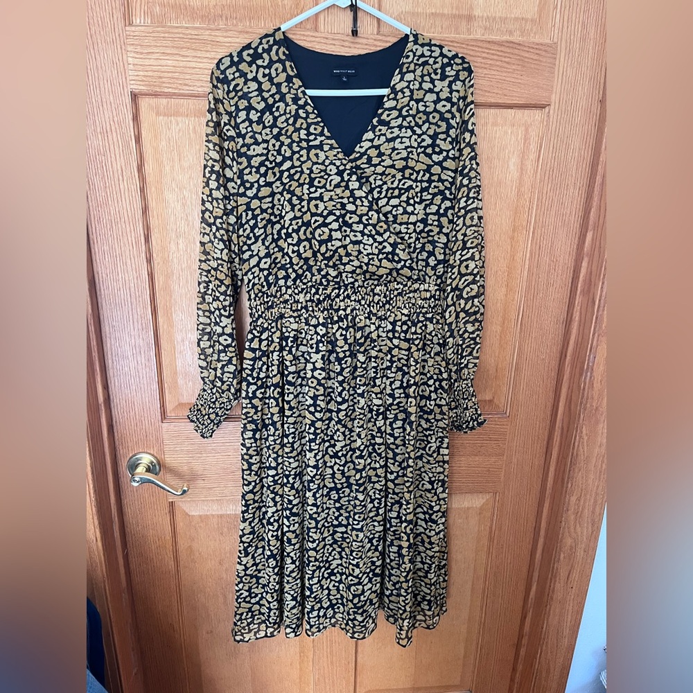 Who What Wear Black and Gold Leopard V-Neck smocked waist & cuffs dress